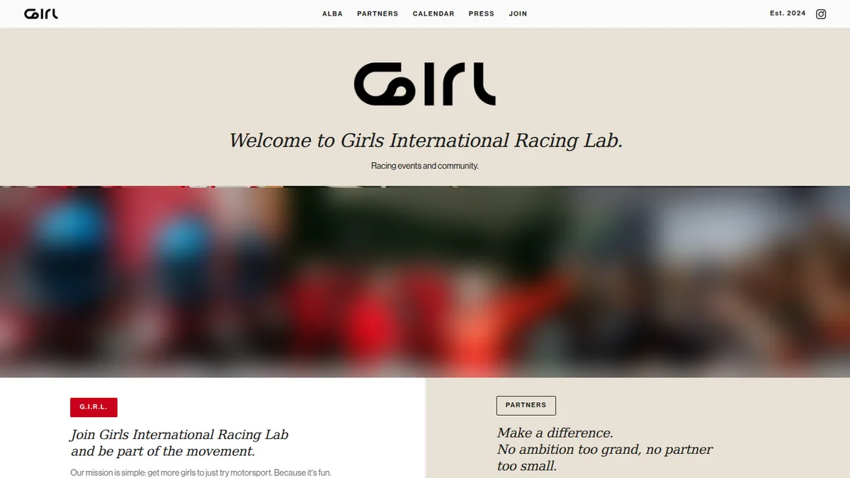 The front page of girlsinternationalracinglab.com as it looked in October 2026.